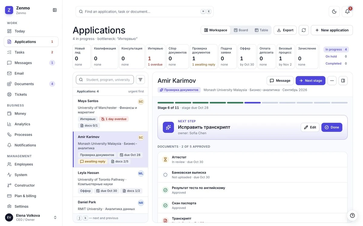 An application card in the CRM: current stage, manager, contacts and document readiness