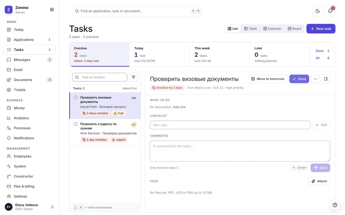 The task list in the CRM: statuses, priorities, assignees and deadlines